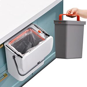 2 in 1 kitchen trash can with slide lid, under sink garbage can, 2.4 gal waste bins with inner barrel, portable hang trash bin for cabinet door, cupboard, counter, bathroom, with sticky hook & scraper