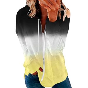women's casual zipper hoodie v neck long sleeve loose soft tops gradient print tunic blouse coat with split yellow