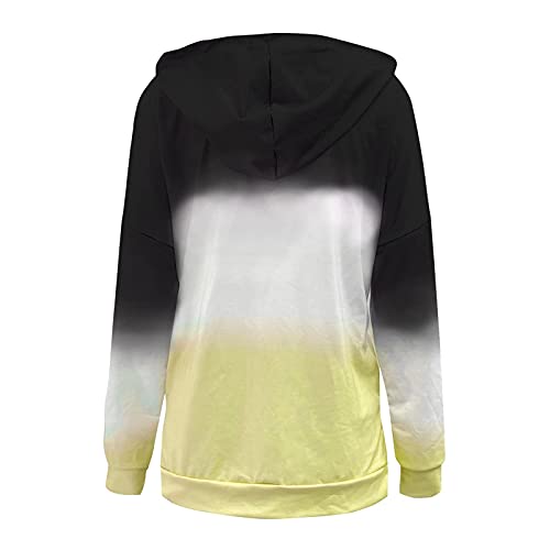 Women's Casual Zipper Hoodie V Neck Long Sleeve Loose Soft Tops Gradient Print Tunic Blouse Coat with Split Yellow