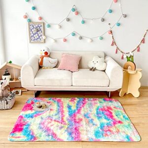 newcosplay faux fur area rug rainbow tie dye carpet playing mat for girls bedroom living room home décor (4' x 5.3', dark rainbow)