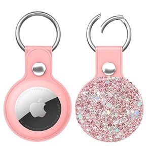 qearfun bling diamond apple airtag case, sparkly leather airtag keychain holder with shiny rhinestone, glitter girly fancy apple air tag holder gifts for kids girls women(pink)