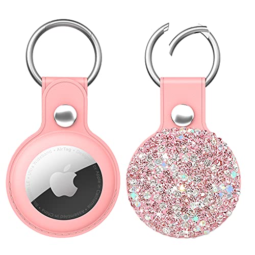 QearFun Bling Diamond Apple Airtag Case, Sparkly Leather Airtag Keychain Holder with Shiny Rhinestone, Glitter Girly Fancy Apple Air Tag Holder Gifts for Kids Girls Women(Pink)