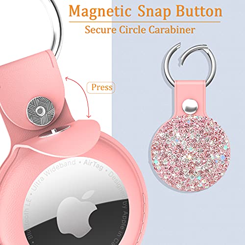 QearFun Bling Diamond Apple Airtag Case, Sparkly Leather Airtag Keychain Holder with Shiny Rhinestone, Glitter Girly Fancy Apple Air Tag Holder Gifts for Kids Girls Women(Pink)