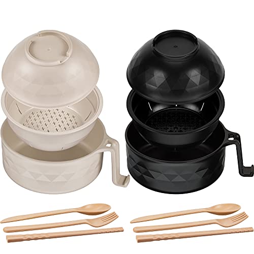 2 Sets Microwave Ramen Cooker Bowl Set Quick Ramen Cooker with Handles Ramen Noodle Cooker with Spoon Chopsticks Fork College Dorm Room Apartment Essentials for Girls and Boys (Black, Beige)