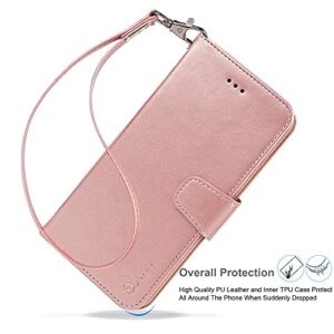 Arae Compatible with iPhone 13 Pro Max Case Wallet Flip Cover with Card Holder and Wrist Strap for iPhone 13 Pro Max 6.7 inch-Rose Gold