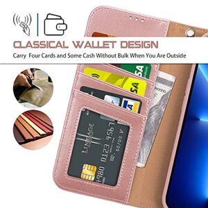 Arae Compatible with iPhone 13 Pro Max Case Wallet Flip Cover with Card Holder and Wrist Strap for iPhone 13 Pro Max 6.7 inch-Rose Gold