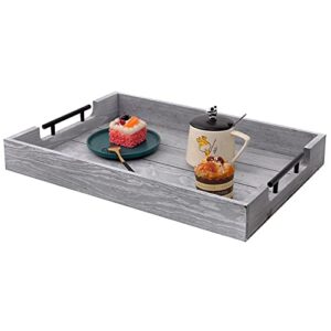 longneng wood serving tray rectangle gray tray with handles,decorative trays,rustic ottoman tray for living room with two iron handles