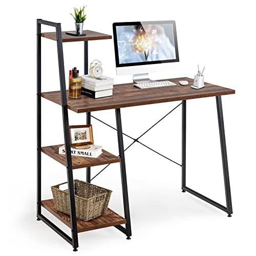 COSTWAY Computer Desk with 4-Tier Storage Shelves, Home Office Desk Writing Table with Sturdy X-Shape Frame, Adjustable Foot Pads, Modern Simple Style Small Study Desk, Wide Tabletop (Brown and Black)