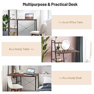 COSTWAY Computer Desk with 4-Tier Storage Shelves, Home Office Desk Writing Table with Sturdy X-Shape Frame, Adjustable Foot Pads, Modern Simple Style Small Study Desk, Wide Tabletop (Brown and Black)