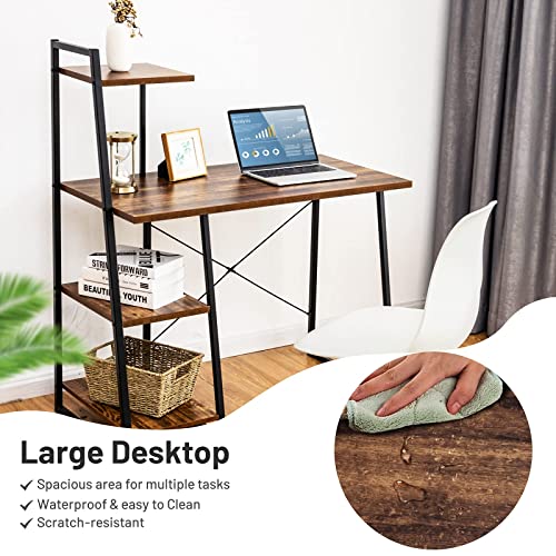 COSTWAY Computer Desk with 4-Tier Storage Shelves, Home Office Desk Writing Table with Sturdy X-Shape Frame, Adjustable Foot Pads, Modern Simple Style Small Study Desk, Wide Tabletop (Brown and Black)