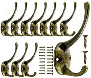 11 pack dual wall hooks heavy duty made of metal wall mounted with 22 screws hooks fits for coat,bag,towel,hat,key,robes,retro (antique brass, 11pcs)