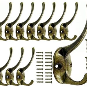 11 Pack Dual Wall Hooks Heavy Duty Made of Metal Wall Mounted with 22 Screws Hooks Fits for Coat,Bag,Towel,Hat,Key,Robes,Retro (Antique Brass, 11PCS)