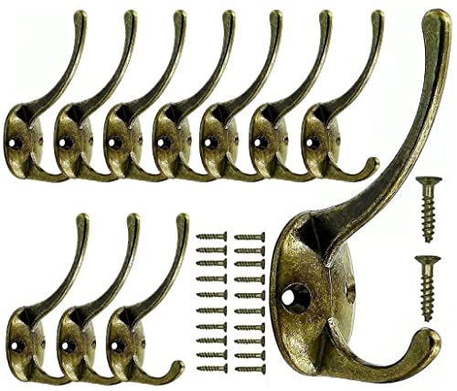 11 Pack Dual Wall Hooks Heavy Duty Made of Metal Wall Mounted with 22 Screws Hooks Fits for Coat,Bag,Towel,Hat,Key,Robes,Retro (Antique Brass, 11PCS)