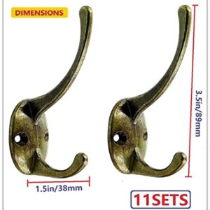 11 Pack Dual Wall Hooks Heavy Duty Made of Metal Wall Mounted with 22 Screws Hooks Fits for Coat,Bag,Towel,Hat,Key,Robes,Retro (Antique Brass, 11PCS)