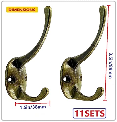 11 Pack Dual Wall Hooks Heavy Duty Made of Metal Wall Mounted with 22 Screws Hooks Fits for Coat,Bag,Towel,Hat,Key,Robes,Retro (Antique Brass, 11PCS)