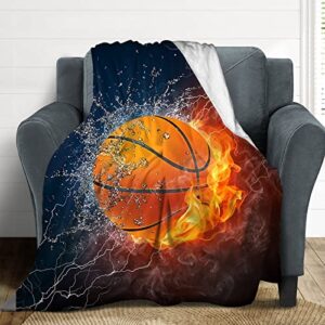basketball fire and water throw blankets, custom basketball sport flannel fuzzy blanket for kids and adults bed blankets (50"x 40")