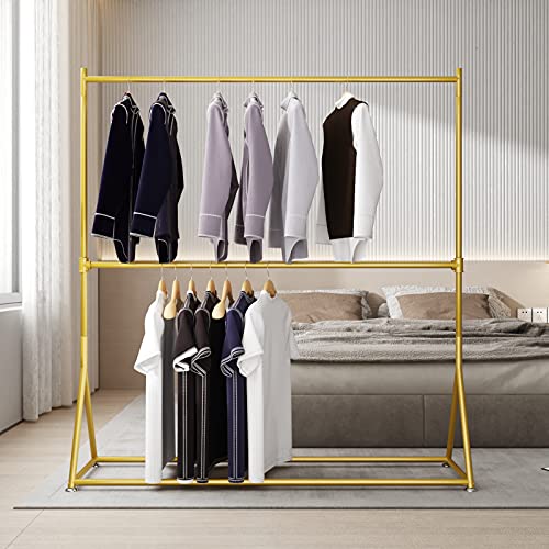 MaiRHK Iron Metal Clothing Rack on Wheels, Gold Garment Rack Rolling Hanging Rack for Bedroom, Hall, Clothes Store and Boutique (59'')