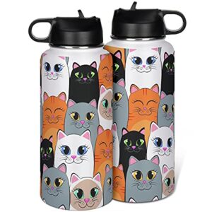 greenieey colorful cats insulated water bottle with straw for sports and travel,stainless steel thermos flask for adults＆kids white 1000ml (32oz)