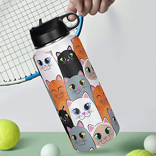 Greenieey Colorful Cats Insulated Water Bottle with Straw for Sports and Travel,Stainless Steel Thermos Flask for Adults＆Kids White 1000ml (32oz)