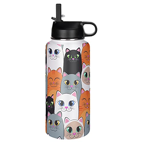 Greenieey Colorful Cats Insulated Water Bottle with Straw for Sports and Travel,Stainless Steel Thermos Flask for Adults＆Kids White 1000ml (32oz)
