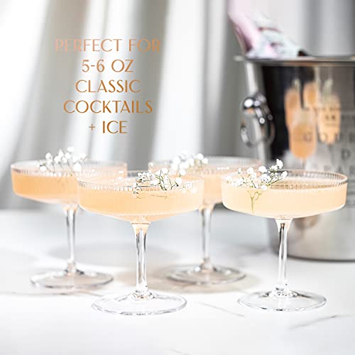 Vintage Art Deco Coupe Glasses | Set of 4 | 7 oz Classic Cocktail Glassware for Champagne, Martini, Manhattan, Cosmopolitan, Sidecar, Daiquiri | Crystal Speakeasy Style Saucer Goblets with Stems