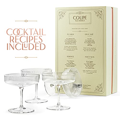 Vintage Art Deco Coupe Glasses | Set of 4 | 7 oz Classic Cocktail Glassware for Champagne, Martini, Manhattan, Cosmopolitan, Sidecar, Daiquiri | Crystal Speakeasy Style Saucer Goblets with Stems