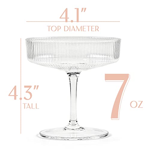 Vintage Art Deco Coupe Glasses | Set of 4 | 7 oz Classic Cocktail Glassware for Champagne, Martini, Manhattan, Cosmopolitan, Sidecar, Daiquiri | Crystal Speakeasy Style Saucer Goblets with Stems