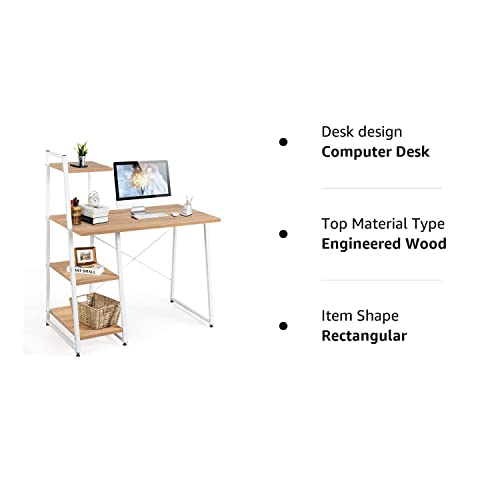 COSTWAY Computer Desk with 4-Tier Storage Shelves, Home Office Desk Writing Table with Sturdy X-Shape Frame, Adjustable Foot Pads, Modern Small Study Desk, Wide Tabletop (Natural and White)