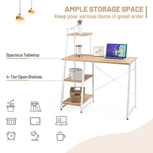 COSTWAY Computer Desk with 4-Tier Storage Shelves, Home Office Desk Writing Table with Sturdy X-Shape Frame, Adjustable Foot Pads, Modern Small Study Desk, Wide Tabletop (Natural and White)