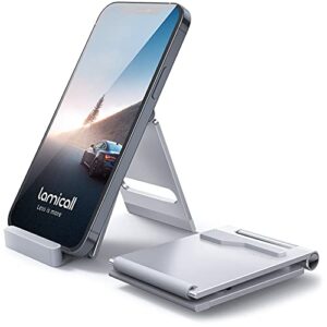 lamicall portable cell phone stand - aluminum foldable phone stand for desk, small pocket travel design, adjustable mobile phone holder for 4-7.2" cellphone - sliver