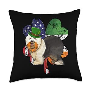 Old English Sheepdogs Owner Gift St Patricks Day Irish American Flag Old English Sheepdog Dog Throw Pillow, 18x18, Multicolor