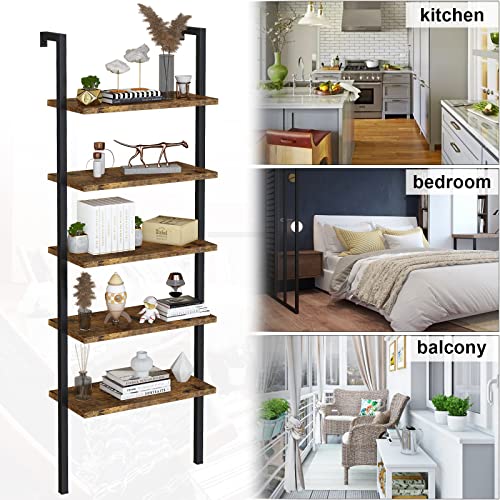 DKLGG 5-Tier Book Shelf Rack Against The Wall, Tall Ladder Shelf Wooden Bookcase Metal Frame Storage Plant and Flower, Single Standing Bookshelf Ladder ​for Living Room, Bedroom, Balcony, Home Office