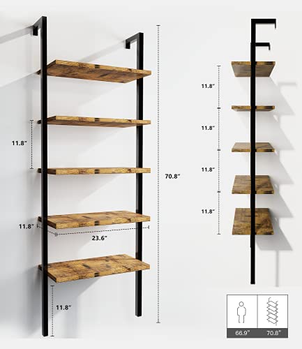 DKLGG 5-Tier Book Shelf Rack Against The Wall, Tall Ladder Shelf Wooden Bookcase Metal Frame Storage Plant and Flower, Single Standing Bookshelf Ladder ​for Living Room, Bedroom, Balcony, Home Office