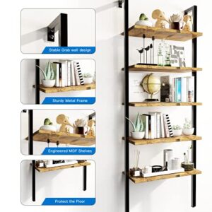 DKLGG 5-Tier Book Shelf Rack Against The Wall, Tall Ladder Shelf Wooden Bookcase Metal Frame Storage Plant and Flower, Single Standing Bookshelf Ladder ​for Living Room, Bedroom, Balcony, Home Office