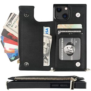 Bocasal Crossbody Wallet Case for iPhone 13 with RFID Blocking Card Slot Holder, Magnetic Flip Folio Purse Case, PU Leather Zipper Handbag with Detachable Lanyard Strap 6.1 Inch 5G (Black)