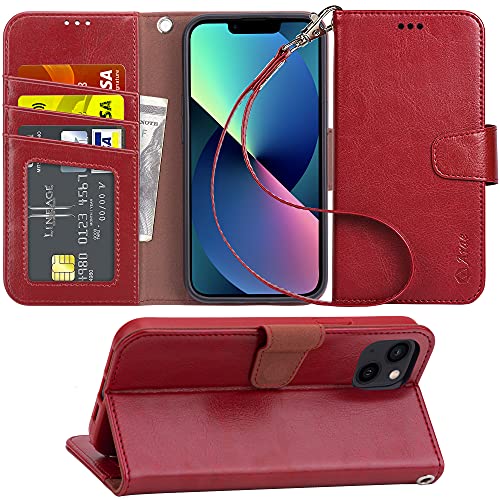 Arae Compatible with iPhone 13 Case[Not for iPhone 13 Pro.] with Card Holder and Wrist Strap Wallet Flip Cover for iPhone 13 6.1 inch-Wine Red