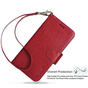 Arae Compatible with iPhone 13 Case[Not for iPhone 13 Pro.] with Card Holder and Wrist Strap Wallet Flip Cover for iPhone 13 6.1 inch-Wine Red