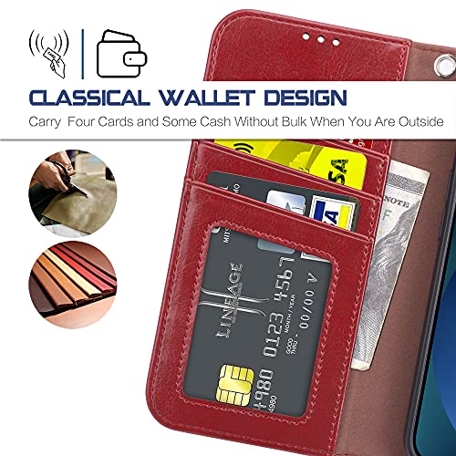 Arae Compatible with iPhone 13 Case[Not for iPhone 13 Pro.] with Card Holder and Wrist Strap Wallet Flip Cover for iPhone 13 6.1 inch-Wine Red