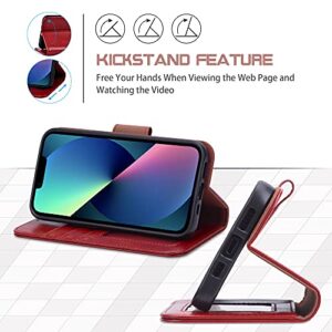 Arae Compatible with iPhone 13 Case[Not for iPhone 13 Pro.] with Card Holder and Wrist Strap Wallet Flip Cover for iPhone 13 6.1 inch-Wine Red