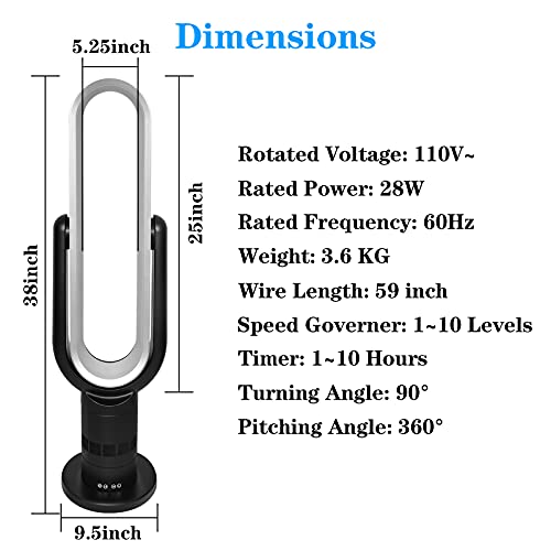 HealSmart Bladeless Tower Fan, Standing Fan, 10 Speeds Settings, 10-Hour Timing Closure Bladeless Fan, Stylish And Modern Fan, Low Noise, 39 Inches, Black