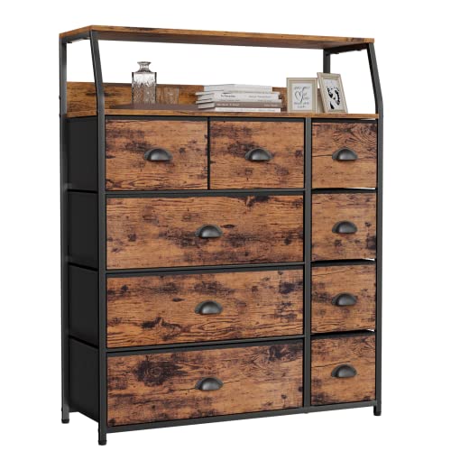 Furnulem 9 Drawer Dresser Large with Shelf, Tall Closet Storage Organizer for Bedroom, Fabric Storage Dresser, Wooden Top, Living Room, Entryway-Industrial Style (Rustic Brown, 31.5"x11.4"x39.8")