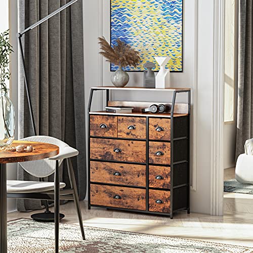 Furnulem 9 Drawer Dresser Large with Shelf, Tall Closet Storage Organizer for Bedroom, Fabric Storage Dresser, Wooden Top, Living Room, Entryway-Industrial Style (Rustic Brown, 31.5"x11.4"x39.8")