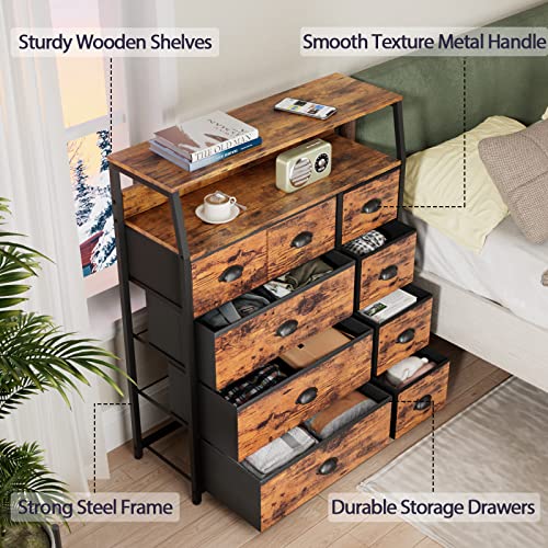 Furnulem 9 Drawer Dresser Large with Shelf, Tall Closet Storage Organizer for Bedroom, Fabric Storage Dresser, Wooden Top, Living Room, Entryway-Industrial Style (Rustic Brown, 31.5"x11.4"x39.8")