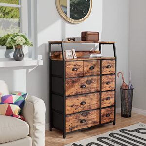 Furnulem 9 Drawer Dresser Large with Shelf, Tall Closet Storage Organizer for Bedroom, Fabric Storage Dresser, Wooden Top, Living Room, Entryway-Industrial Style (Rustic Brown, 31.5"x11.4"x39.8")