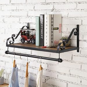 MyGift Wall Mounted Burnt Wood Floating Shelf with Metal Clothes Rod and Metal Framed Decorative Scrollwork Design