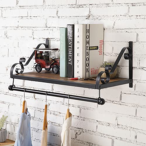 MyGift Wall Mounted Burnt Wood Floating Shelf with Metal Clothes Rod and Metal Framed Decorative Scrollwork Design