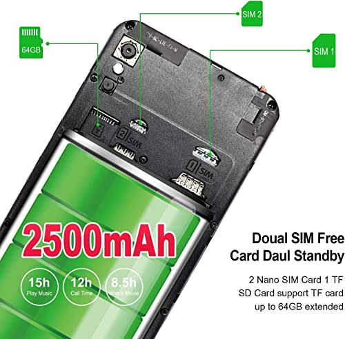 KXD 6A Unlocked Cell Phone | 3G Smartphone | 5.5” Full-Screen Display | 2500mAh Battery | 8MP + 5MP Camera | Dual SIM Android Phone | 8GB ROM | US Version | Black
