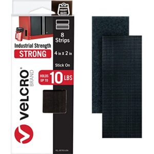 velcro brand heavy duty fasteners | 4x2 inch strips with adhesive 8 sets | holds 10 lbs | black industrial strength stick on tape | indoor or outdoor use (vel-30703-usa)