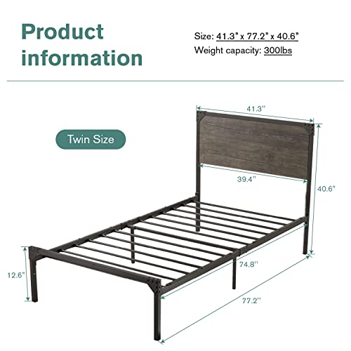 IMUsee Twin Size Platform Metal Bed Frame with Wood Headboard, Heavy Duty Bed Frame with 11" Under-Bed Storage Space, No Box Spring Needed, Easy Assembly, Noise Free, Rustic Brown