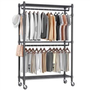homdox rolling garment rack with double rod, heavy duty clothing rack with shelves, portable clothes rack, free standing wardrobe rack, with lockable wheels & hanging hooks, max load 450 lbs, black